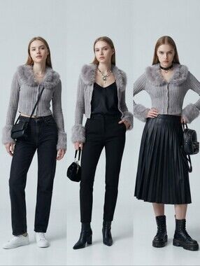 Detachable Faux Fur Collar Striped Cropped Cardigan